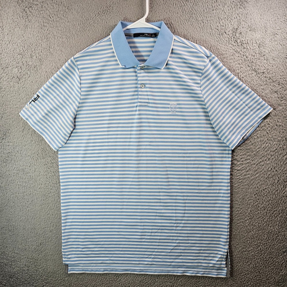 RLX Ralph Lauren‎ Polo Shirt Men Large Short Sleeve White Light Blue Striped